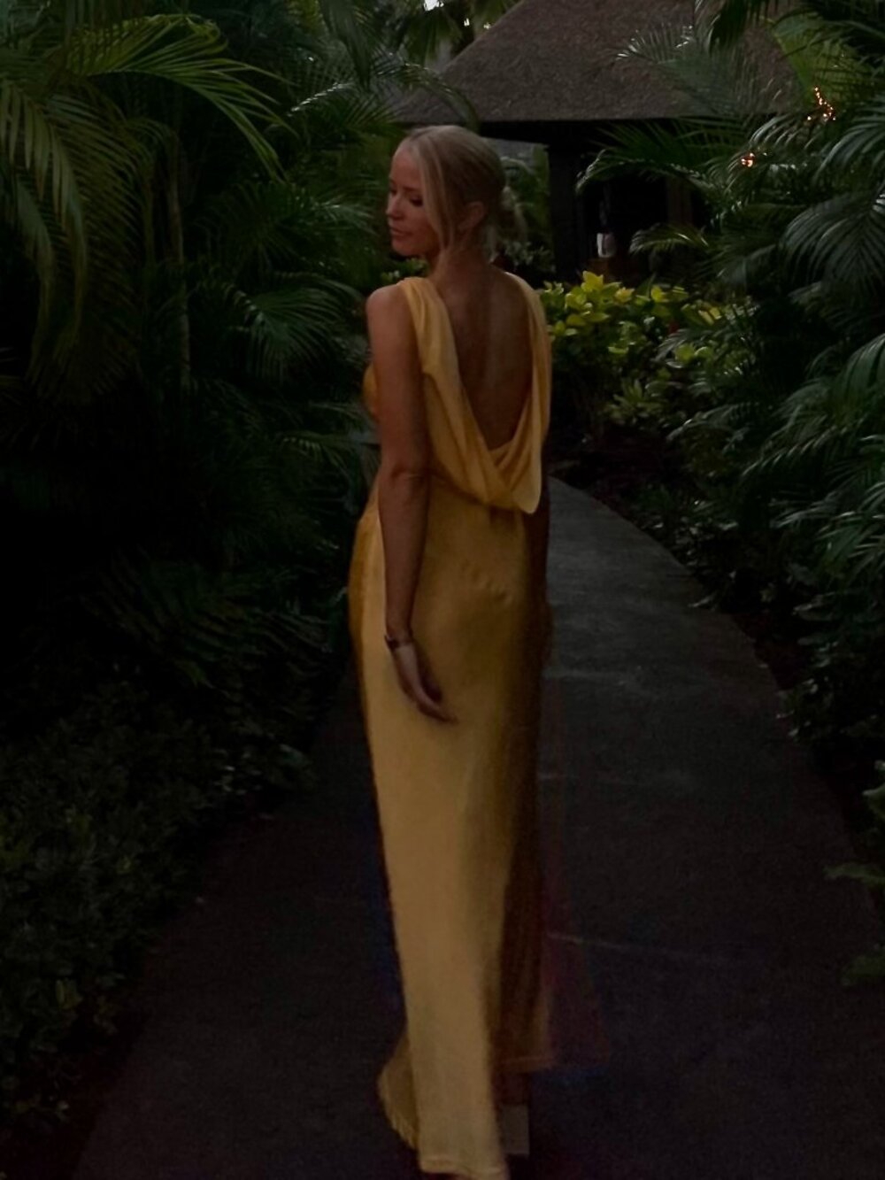 Meshki Nadia Satin Maxi Dress Cowl Back Marigold Yellow XS